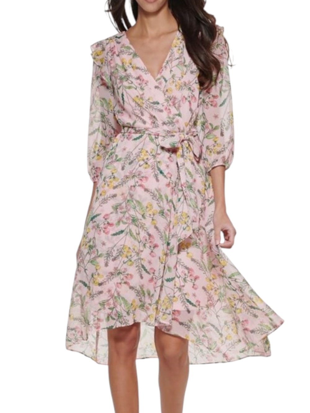 Tommy Hilfiger Women Pink Floral Printed Balloon-Sleeve Faux-Wrap Dress Size 16.